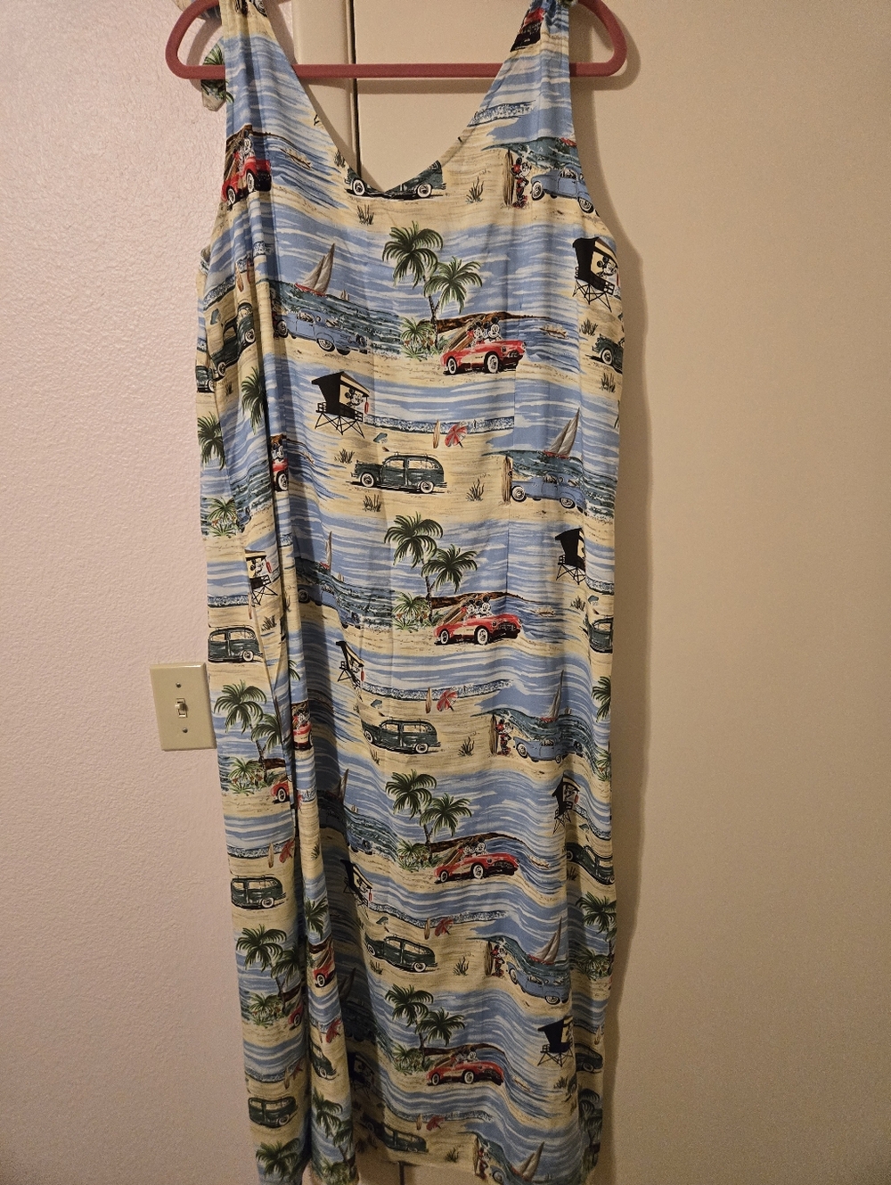 Vintage Disney Mickey And Minnie Mouse Beach Print Maxi Dress in Blue and Beige